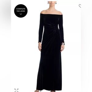 Aqua Off-the-Shoulder Long Sleeve Black Velvet Gown